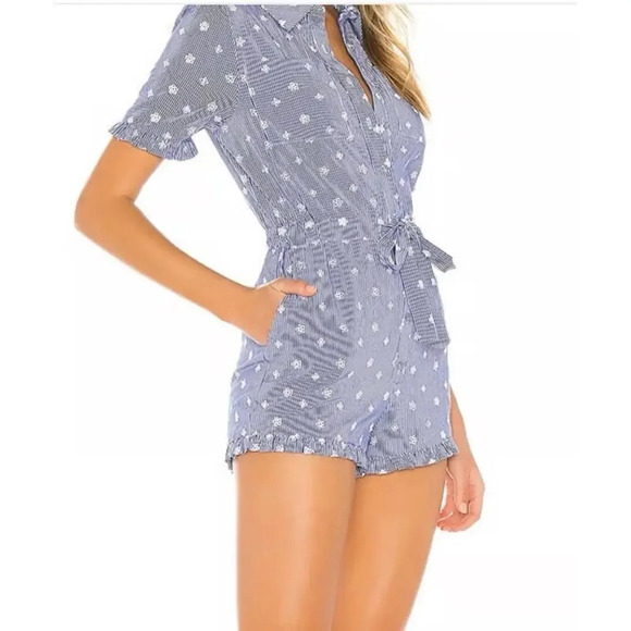 Tularosa Revolve Embroidered Romper chambray eyelet denim button down game day - Picture 7 of 7